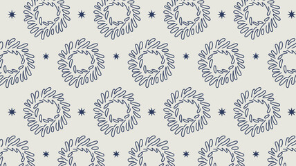A repeating pattern of stylized wreaths and stars on a light beige background for a festive design