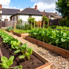 Urban garden beds filled with vibrant greens