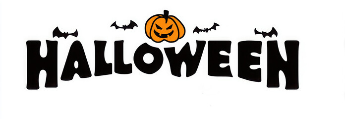 A festive Halloween graphic featuring bold black text, a jack-o'-lantern, and bats on a white background.