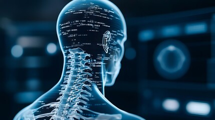 Human body hologram with spine and ear in futuristic medical interface