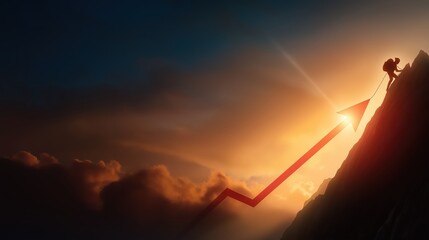 Silhouette of a lone climber ascending an arrow-shaped mountain, symbolizing business growth, ambition, and success with dramatic lighting and bold contrast.