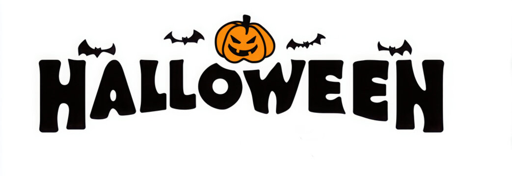 A festive Halloween graphic featuring bold black text, a jack-o'-lantern, and bats on a white background.