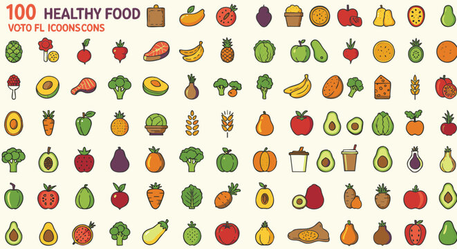 Vibrant vector icon set featuring healthy food fresh fruits, vegetables, and wholesome ingredients in modern flat design. Perfect for nutrition, diet, and wellness projects