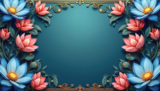 Elegant floral frame featuring blue, pink lotus flowers with golden ornate details. Delicate blossoms, leaves form border, perfect for invitations, greetings, weddings, birthdays, celebrations.