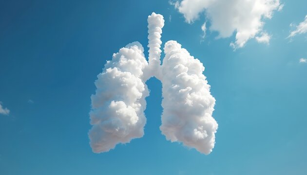 Human lungs formed from fluffy white clouds against a clear blue sky. This conceptual image symbolizes respiratory health, clean air, and awareness for lung diseases like pneumonia and tuberculosis.