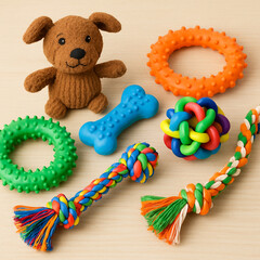 A Colorful Collection of Pet Toys on a Wooden Surface