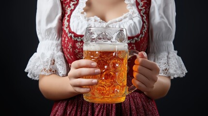 Traditional Bavarian woman in dirndl holding beer stein with lager, Oktoberfest celebration, isolated on black background․