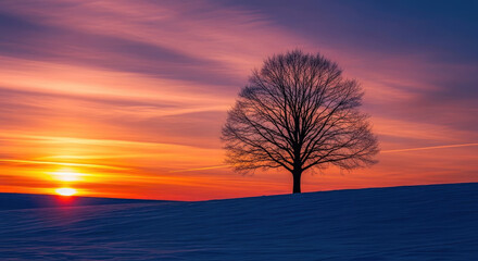 Lone bare tree silhouetted against a dramatic orange and purple sunset over a snowy winter landscape.