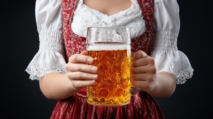 Traditional Bavarian woman in dirndl holding beer stein with lager, Oktoberfest celebration, isolated on black background․