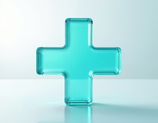 Fototapeta premium Bright turquoise plus sign icon for medical or wellness design. This 3D render symbol is glossy, shiny, modern, and clean. Useful for healthcare, therapy, or futuristic branding.