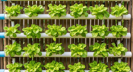 Hydroponic lettuce growing in a vertical system, showcasing sustainable urban farming