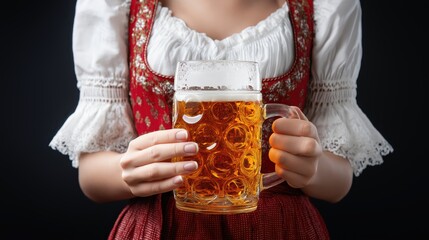 Traditional Bavarian woman in dirndl holding beer stein with lager, Oktoberfest celebration, isolated on black background․