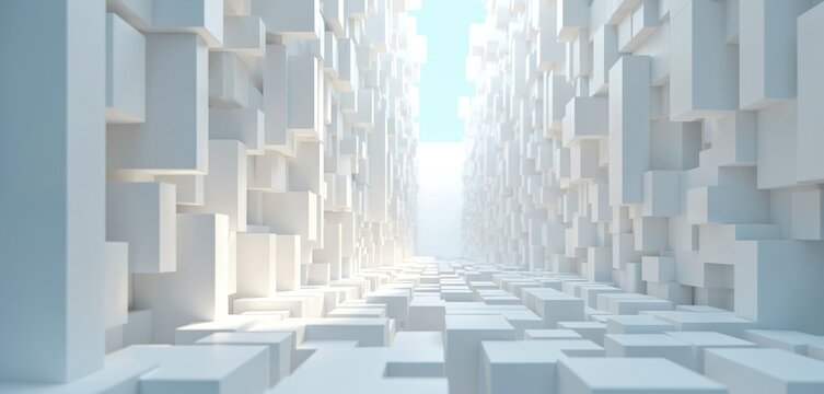 Abstract 3D background featuring dense arrangement of white cubes, blocks. Structures create futuristic cityscape architectural design with varied heights, depths. Sunlight creates shadows,