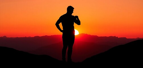 Silhouetted form amidst fiery sunset, minimalist mountain range, surreal collage,  shadow,  rock