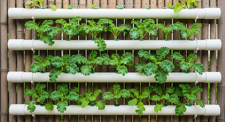 Vertical hydroponic garden system with fresh green kale plants growing in nutrient solution, innovative urban farming