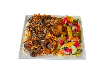 Delicious shawarma plate with meat rice potatoes and salad on a white plate on transparent background