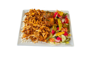 Delicious shawarma plate with rice potatoes and fresh salad ready to be served on transparent background