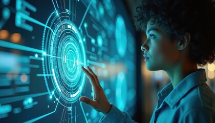 Pro woman interacts with AI virtual assistant on futuristic interface. Blue, green neon glow illuminates deep learning visuals. Interactive technology, digital information, advanced business