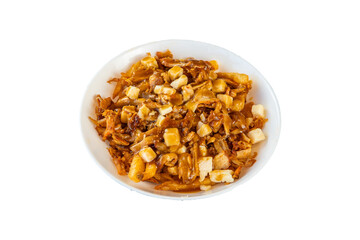 Delicious poutine featuring french fries cheese curds and gravy in a white bowl on transparent background