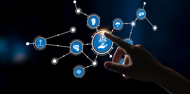 A hand interacts with a digital interface showcasing various law-related icons, symbolizing the intersection of technology and legal concepts in modern society. Tessel