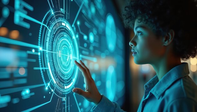 Pro woman interacts with AI virtual assistant on futuristic interface. Blue, green neon glow illuminates deep learning visuals. Interactive technology, digital information, advanced business