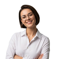 A professional woman wearing glasses and a white collared shirt smiling with arms crossed isolated on transparent background