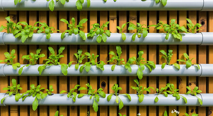 Hydroponic Wall Vertical Garden of Fresh Greens on Wooden Background