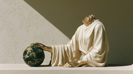Classical statue with golden hands holding globe