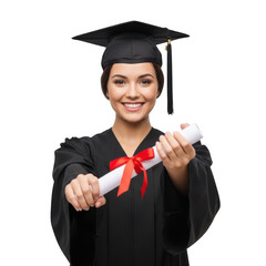 Smiling young woman wearing graduation cap and gown holding a diploma scroll with a red ribbon isolated on transparent background