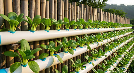 Hydroponic farming setup with rows of leafy green plants growing in PVC pipes under natural light