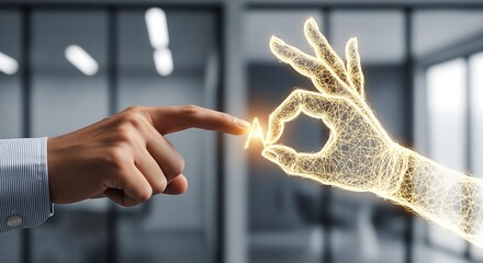 A human hand touching a glowing digital hand in an office environment with window light behind them