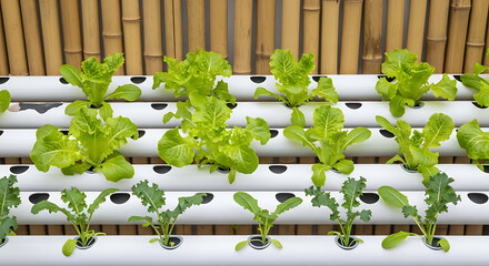 Hydroponic growing system with fresh green lettuce and kale plants in tubes under a bamboo wall