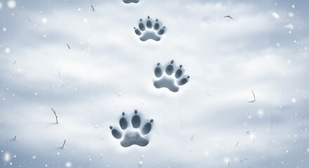 Naklejka premium Cat paw prints in snow on a wintry day with falling snowflakes 