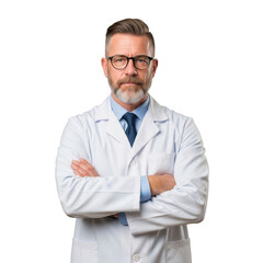 Professional middle aged male doctor wearing glasses and white lab coat with arms crossed isolated on transparent background