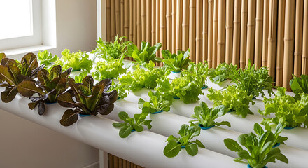 Vibrant indoor hydroponic garden showcasing a variety of fresh green and red lettuce plants flourishing in a modern sustainable cultivation system for healthy living
