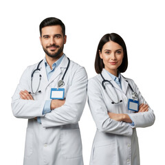 Two smiling medical professionals wearing white coats and stethoscopes with arms crossed isolated on transparent background