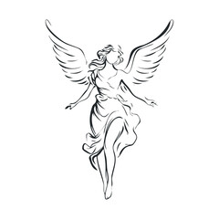 Elegant angel figure with flowing wings and divine pose. Vector black icon