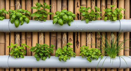 Vertical garden with rows of fresh green herbs growing in a hydroponic system against a bamboo backdrop, promoting urban farming and sustainable living