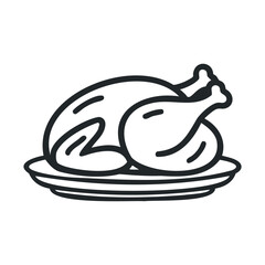 Delicious roasted chicken on a serving plate for dinner. Vector black icon