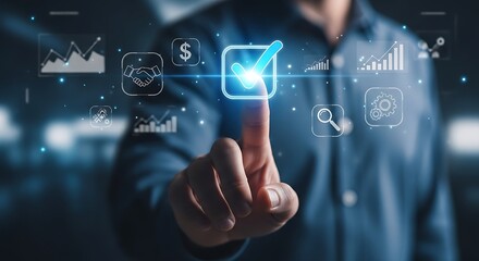 A person touching a digital screen with various business and data analysis related icons displayed on it