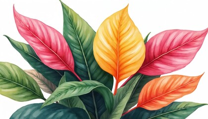 Fototapeta premium Illustration of vibrant foliage with green, pink, and yellow leaves. Tropical plant leaves with rich colors and detailed texture, perfect for botanical art and eco-friendly designs.