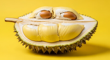 Durian Fruit Cut Open on Yellow Background Delicious Tropical Food