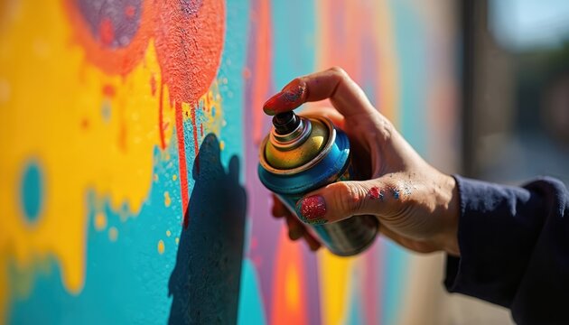 Hand holding spray paint can, applying vibrant colors to a wall. Close-up on creative street art process. Colorful paint drips create abstract patterns, urban culture expression.