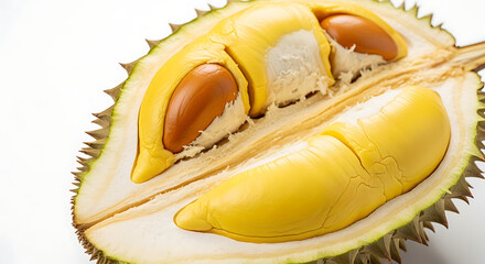 Close-up of a ripe durian fruit sliced open, revealing its creamy yellow flesh and large seeds against a white background
