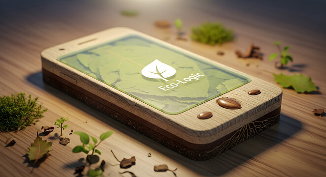 A concept eco-friendly smartphone with a wooden frame and green technology interface, symbolizing sustainable design, environmental awareness, and the future of biodegradable electronic devices.