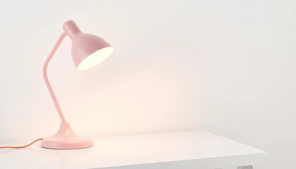A pastel pink table lamp illuminates a pristine white surface,  bright,  clean