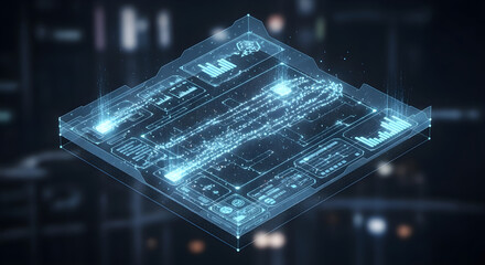 A holographic data dashboard interface with glowing charts and analytics, representing futuristic digital technology, big data visualization, interactive controls, and advanced information management.