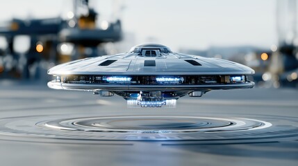 Obraz premium Futuristic hovering drone with glowing engines and holographic interface above metallic platform in sunlight.