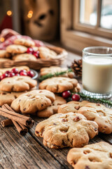 Christmas Cookies and Milk on Wooden Table