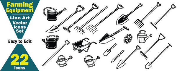 Obraz premium Line Art Vector Icons Set of 22 Farming Equipment Tools illustration. 